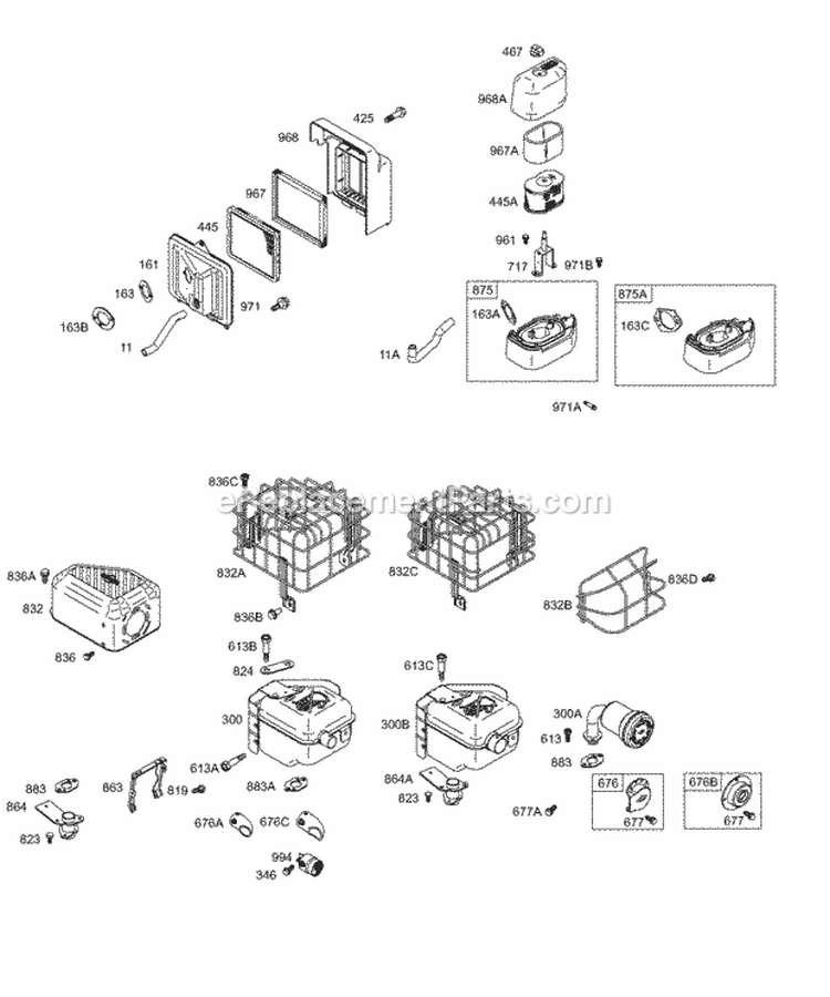 Air Cleaner Muffler Diagram and Parts List for 126412-0216-E1  Briggs and Stratton Engine